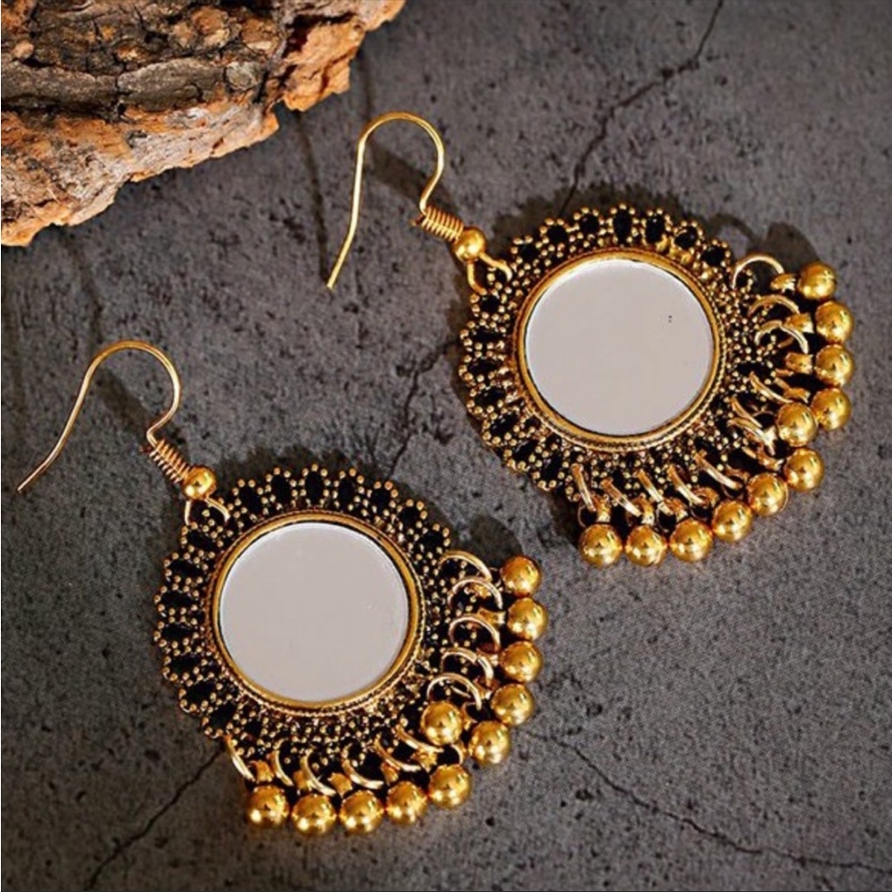 Gold tone round mirror style dangling bell Indian earrings NWT Bollywood